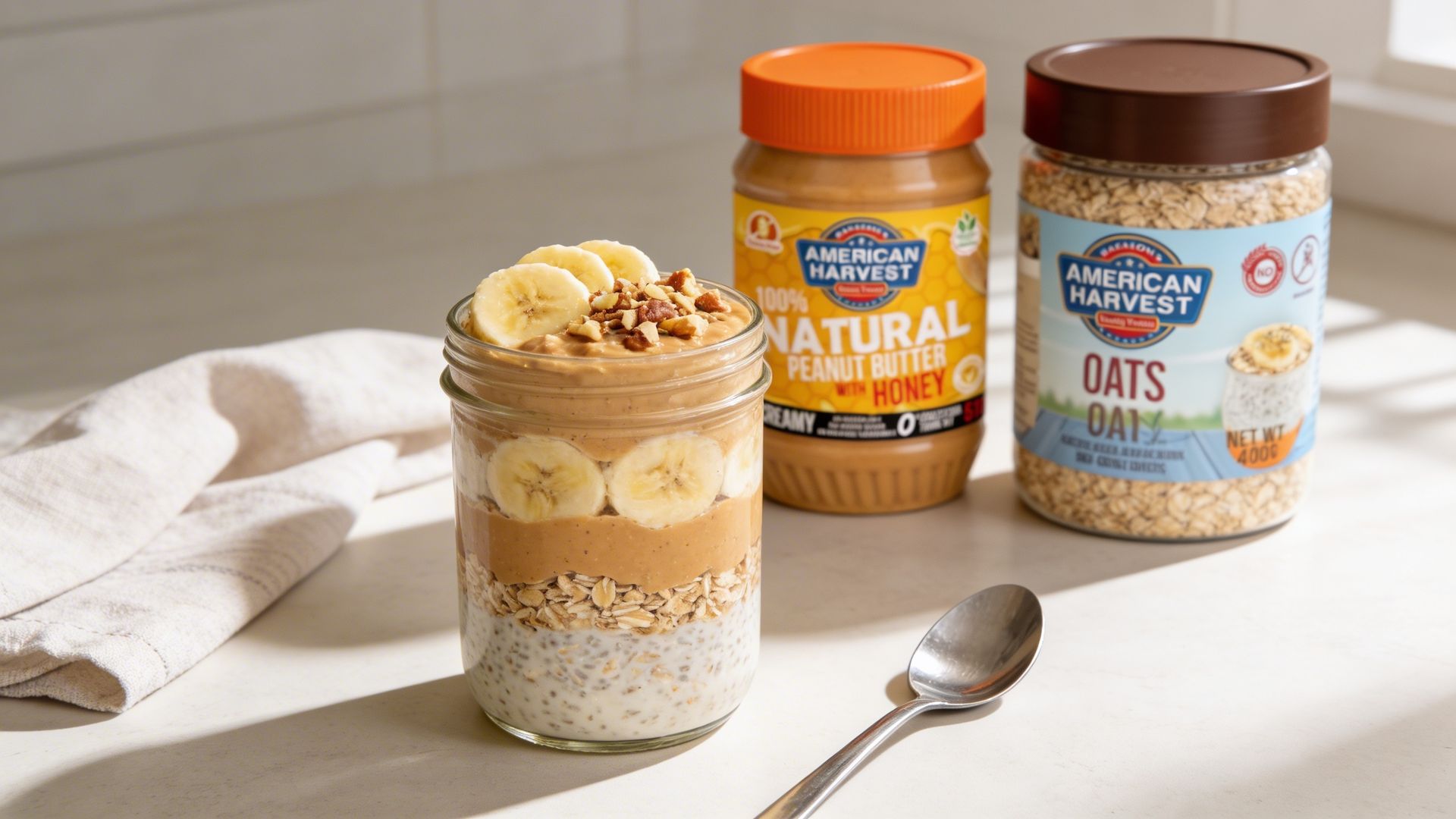 Creamy peanut butter overnight oats in a jar