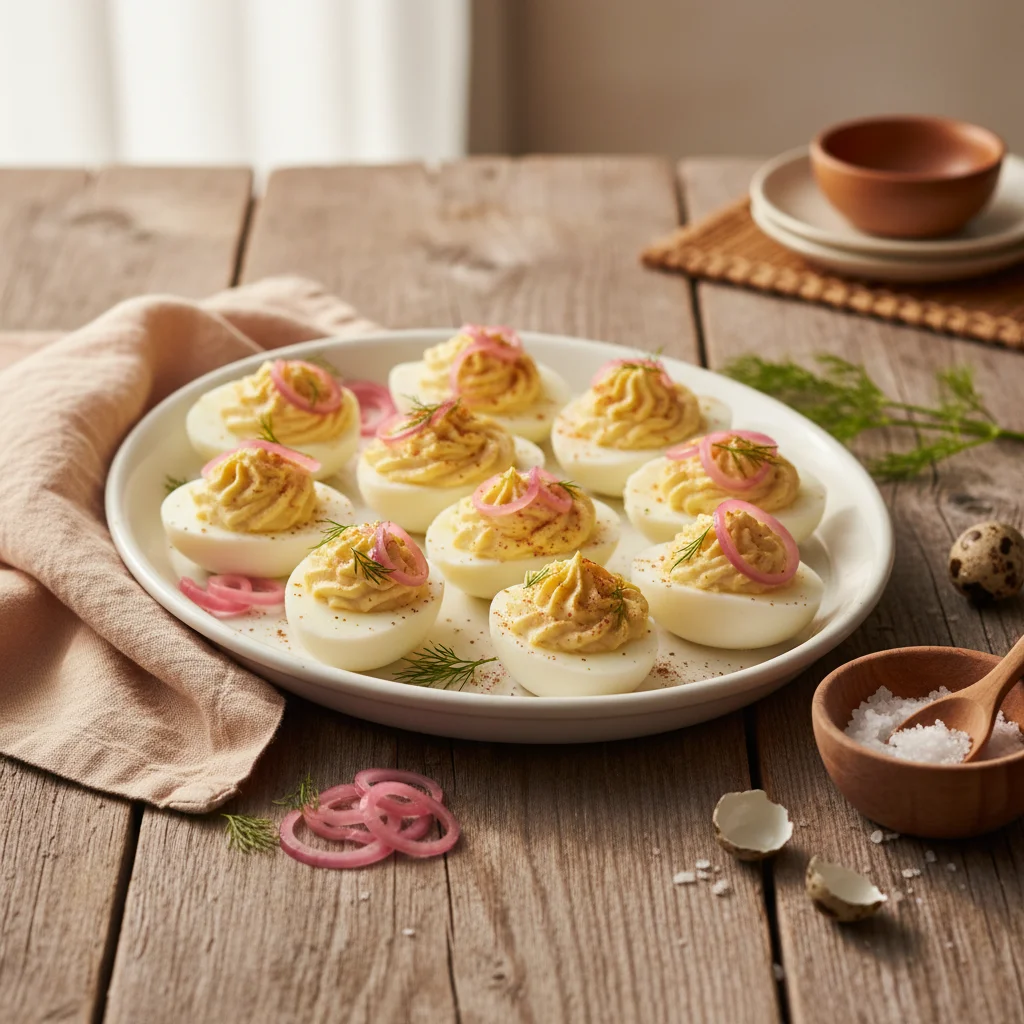 Deviled eggs garnished with pickled onion