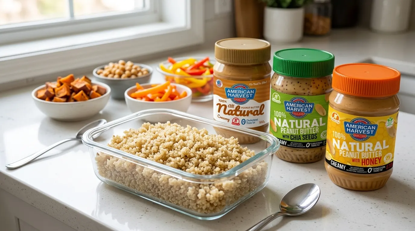 Cooked American Harvest quinoa in a glass storage container