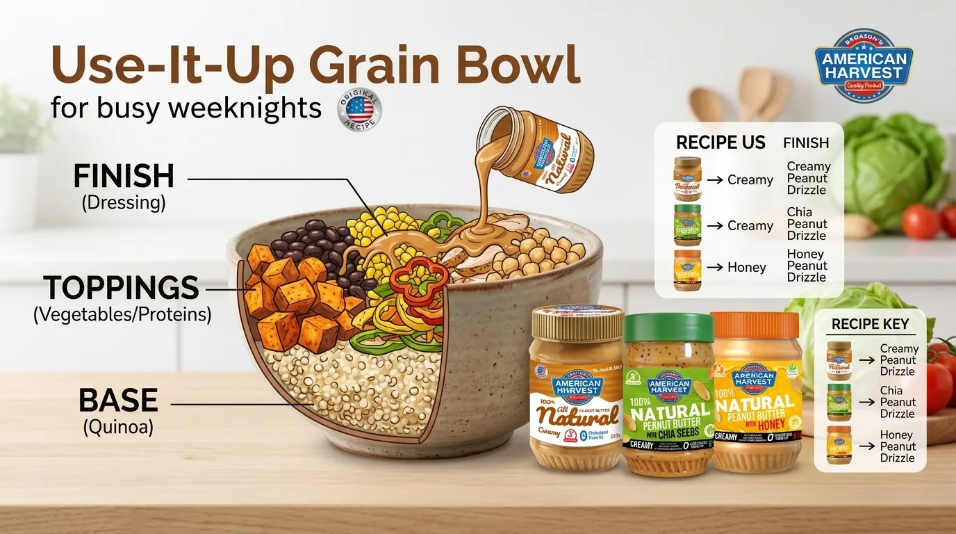 Infographic showing the layers of a grain bowl