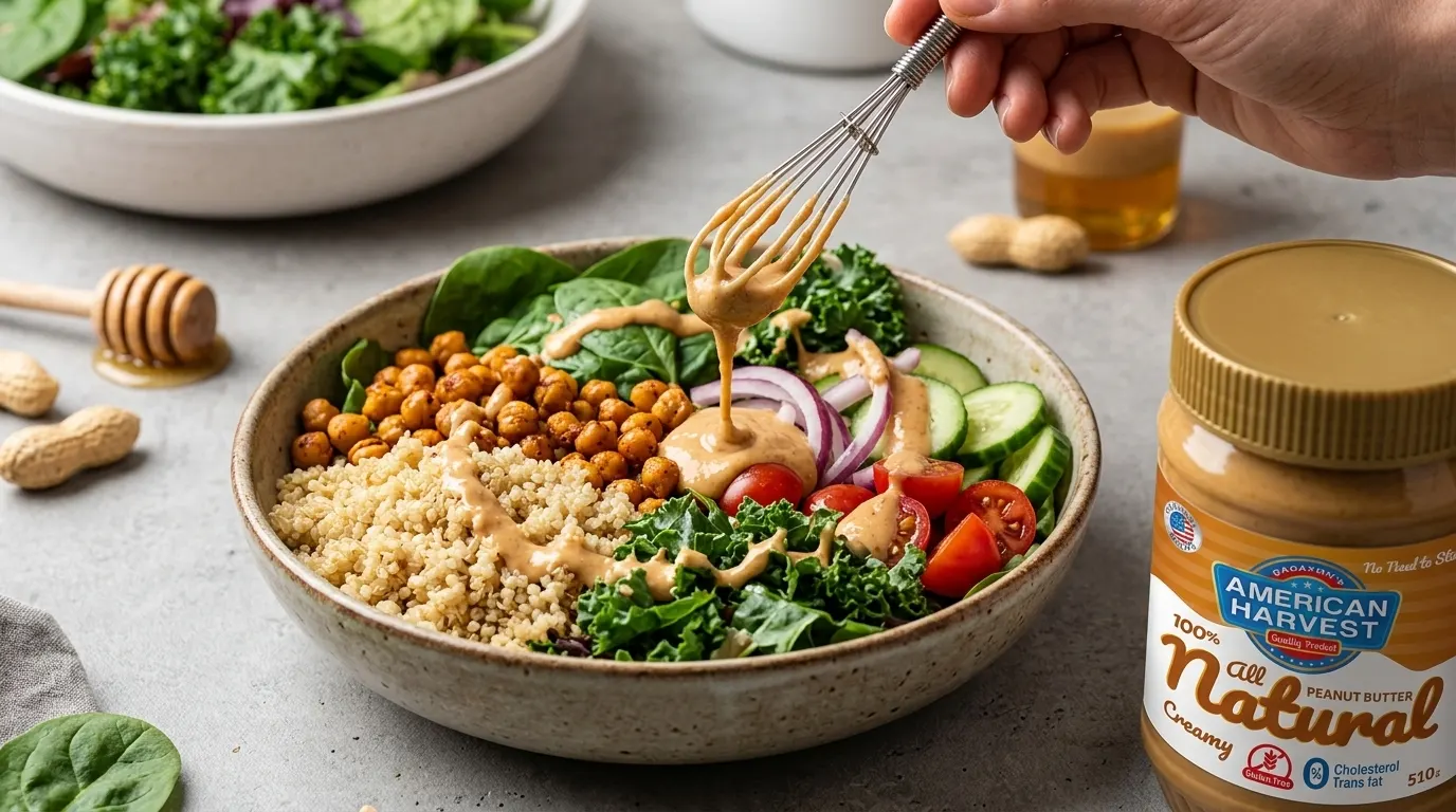 Pouring dressing over a quinoa bowl