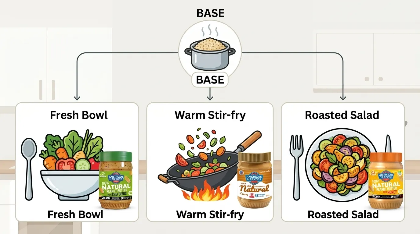 Infographic showing three different meal ideas using a quinoa base.