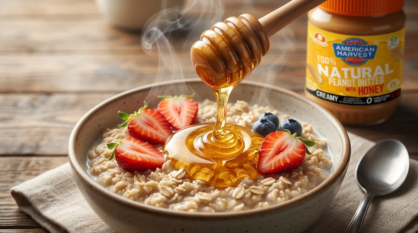 Close-up of honey being drizzled over a bowl of creamy oats.