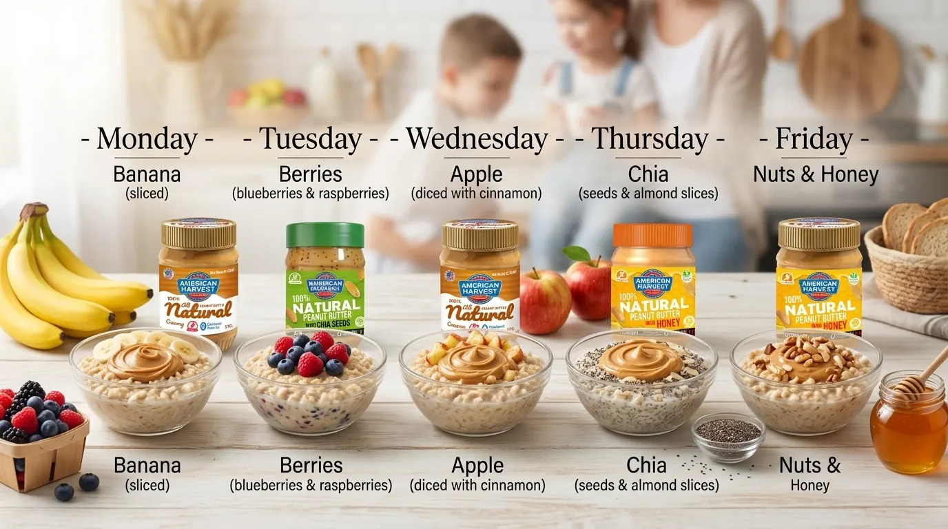 A simple visual guide showing a 5-day breakfast rotation of oats and fruit.
