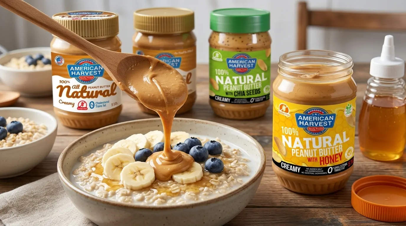 A spoonful of creamy peanut butter being added to a bowl of oats.