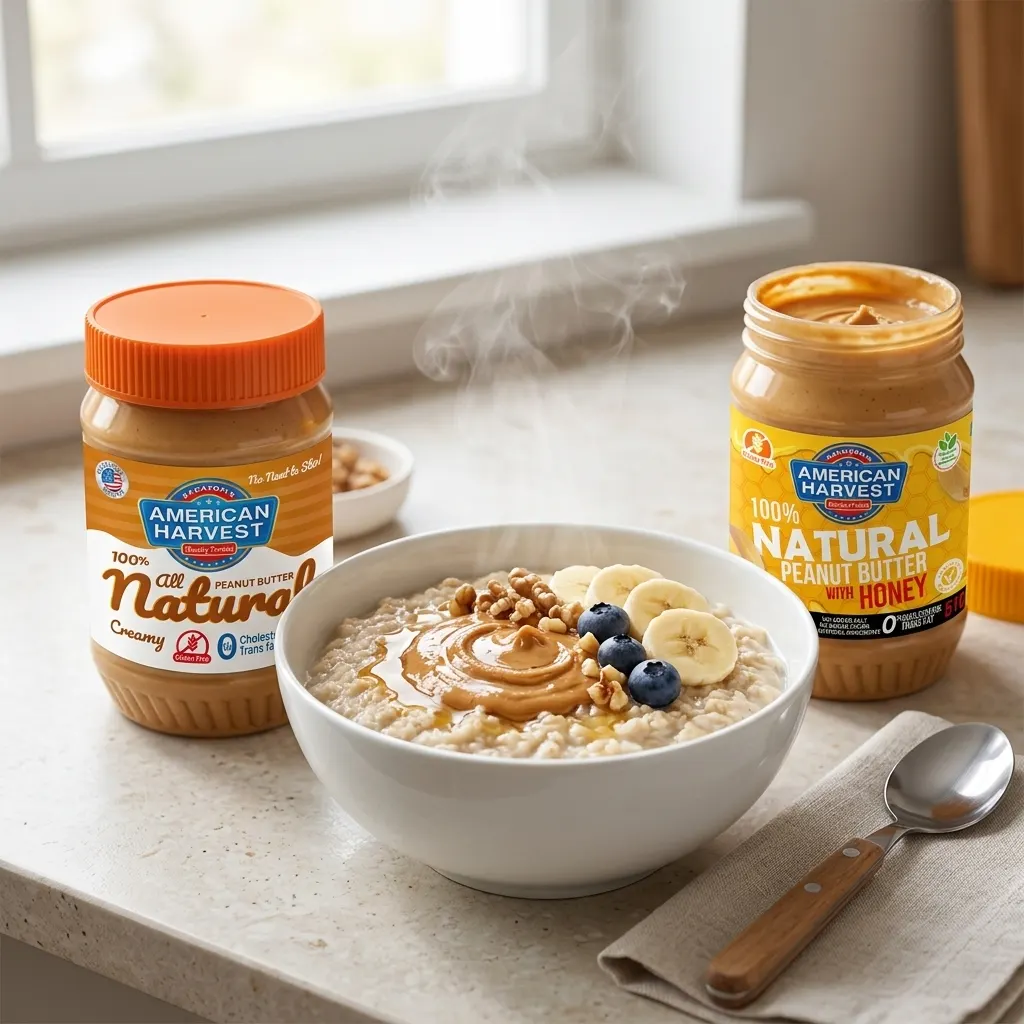 American Harvest peanut butter jars next to a bowl of oats