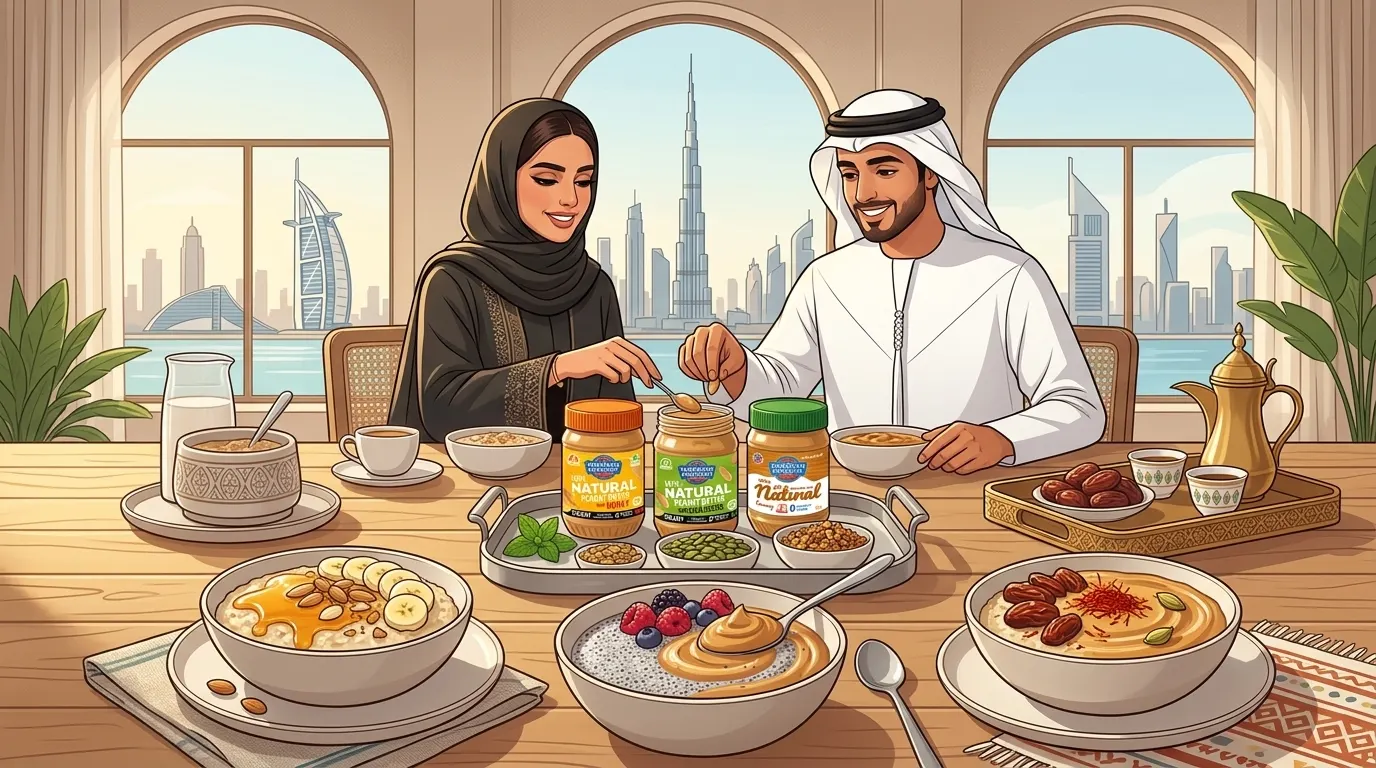 Stylized illustration of a healthy breakfast setting in a UAE home