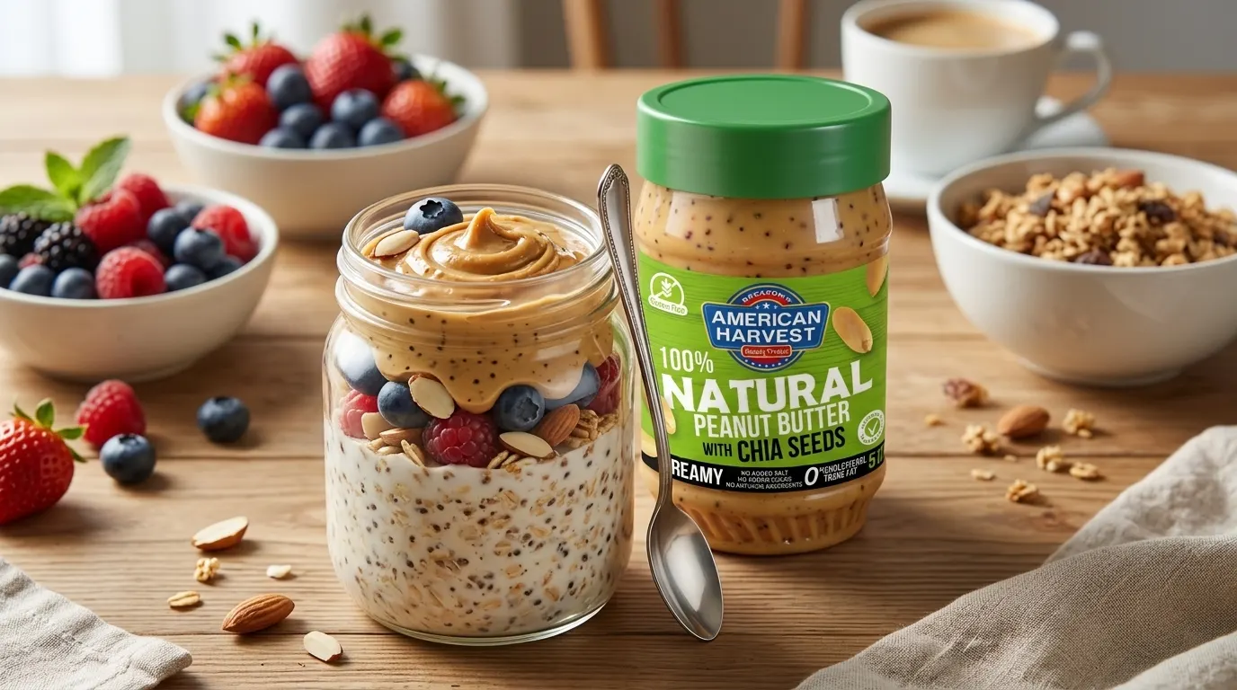 Overnight oats mixed with American Harvest Natural Peanut Butter with Chia Seeds