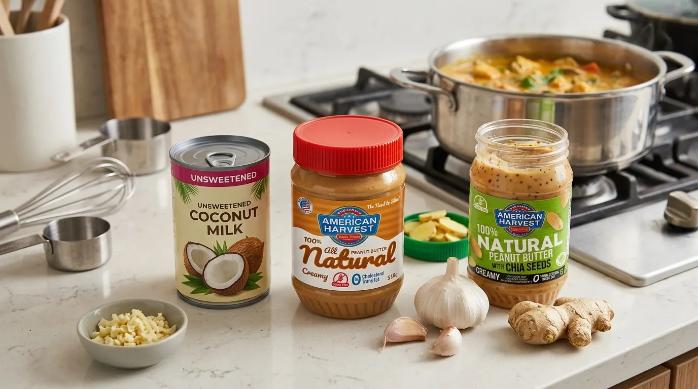 A selection of pantry staples including coconut milk and nut butter.