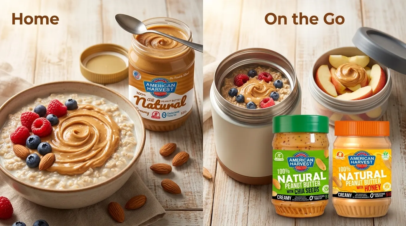 A bowl of oatmeal topped with a swirl of American Harvest 100 peanut butter
