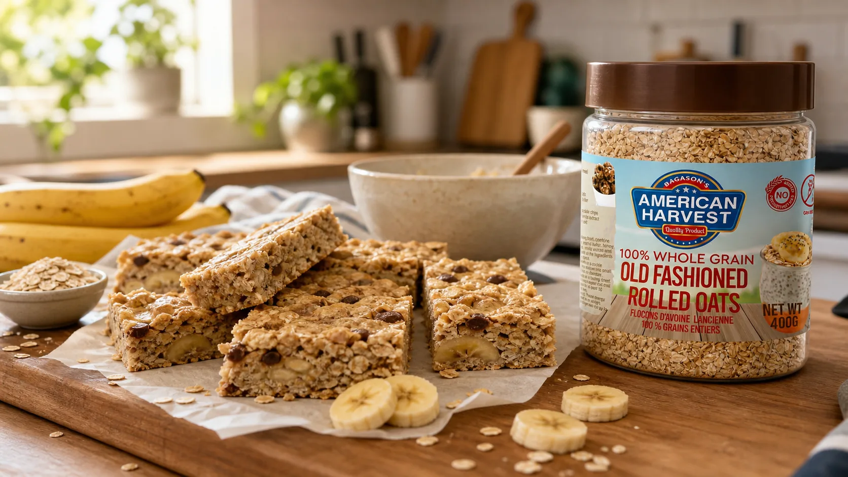 American Harvest rolled oats scene for Rolled Oats & Banana Breakfast Bars with American Harvest rolled oats