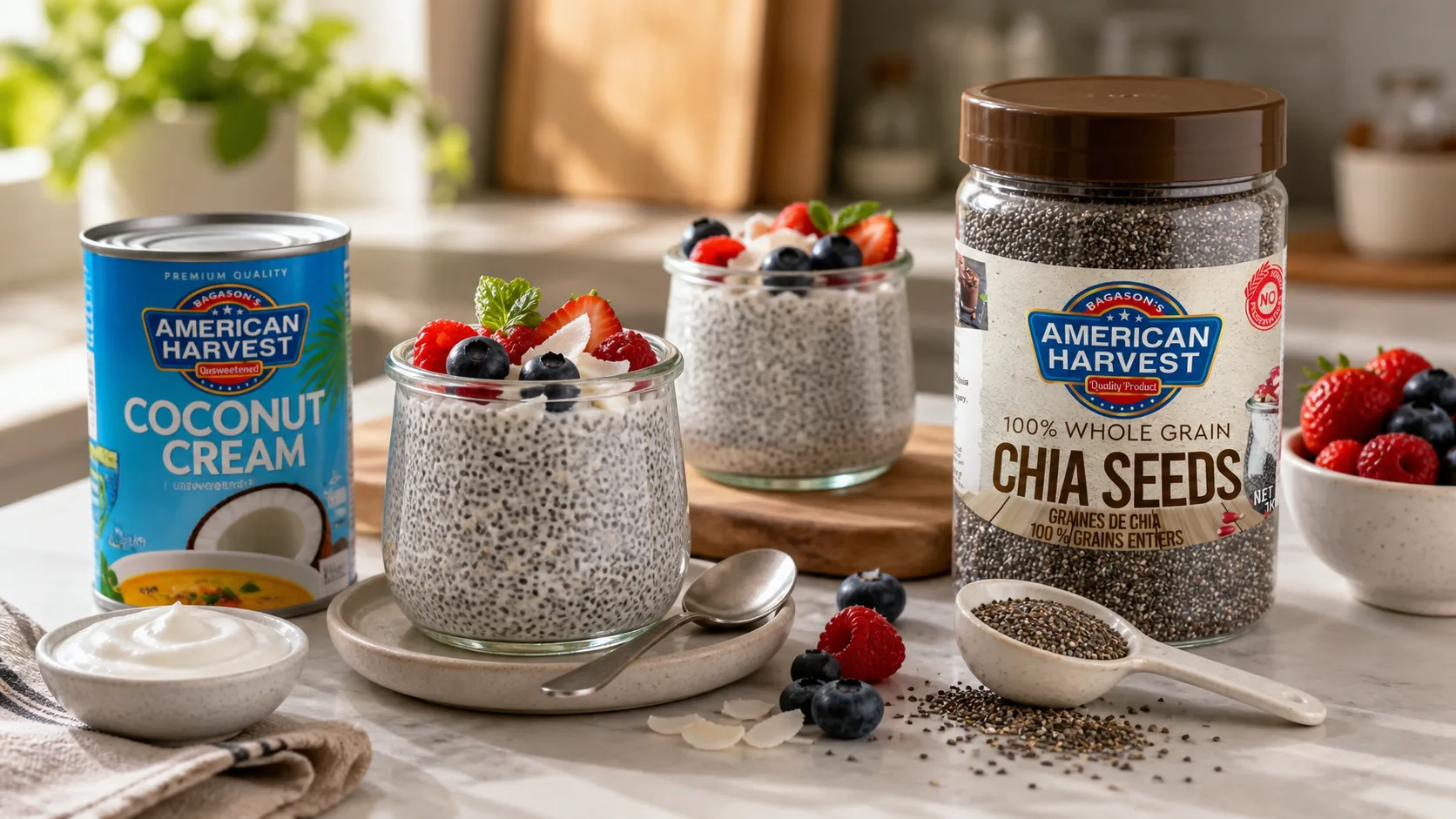 American Harvest coconut cream scene for Chia Seed Pudding with American Harvest Coconut Cream & Berries