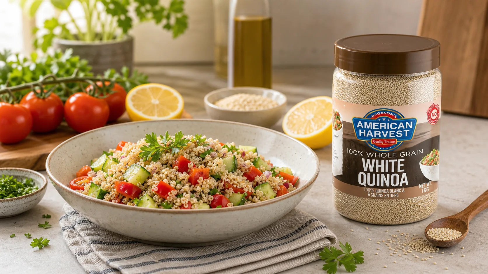 American Harvest white quinoa scene for Quinoa Veggie Salad with American Harvest White Quinoa