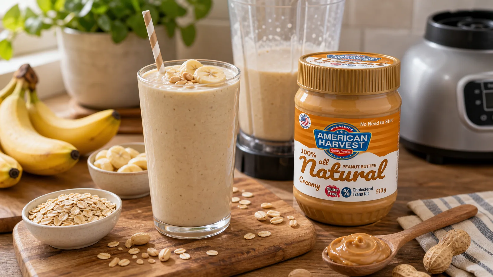 American Harvest peanut butter scene for Creamy Peanut Butter Banana Smoothie with American Harvest peanut butter