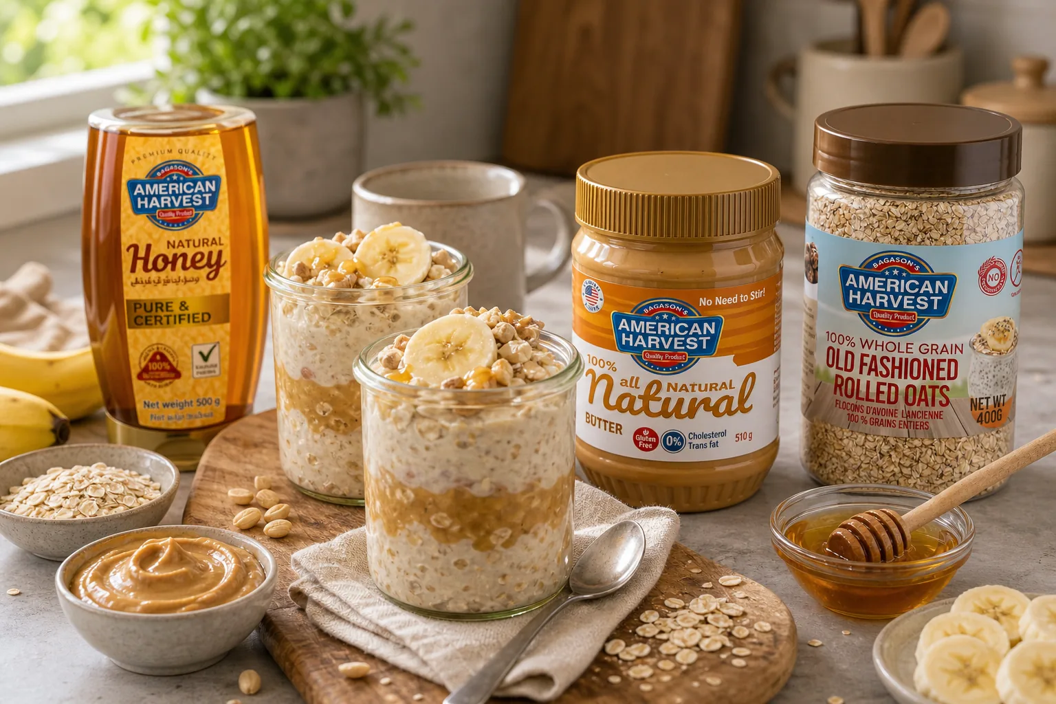 American Harvest oats scene for Creamy Peanut Butter Honey Overnight Oats