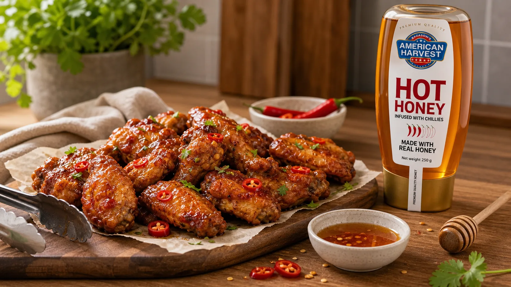 American Harvest hot honey scene for Sweet & Spicy Extra Hot Honey Chicken Wings