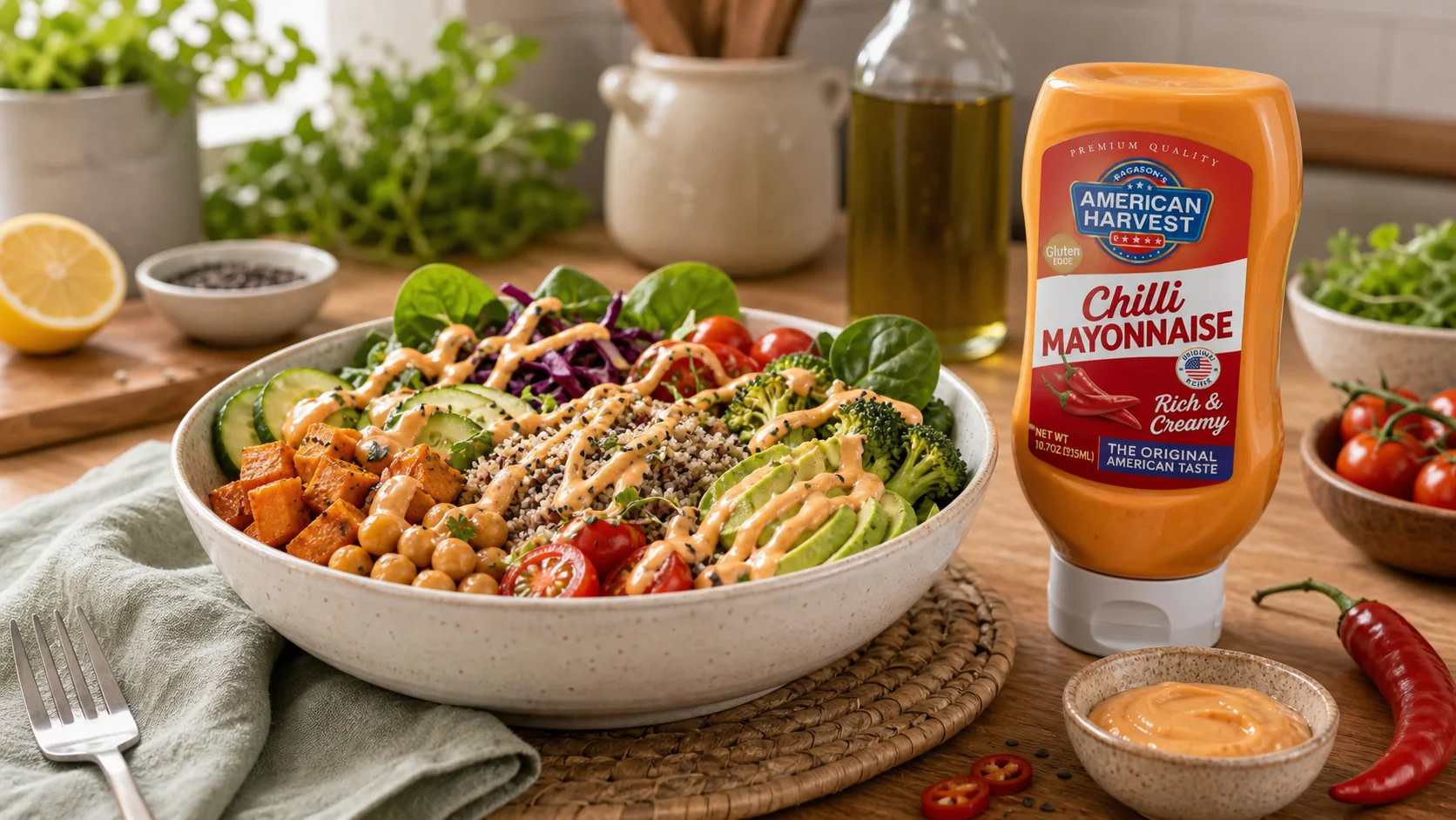 American Harvest mayonnaise scene for Spicy Chili Mayo Veggie Power Bowl