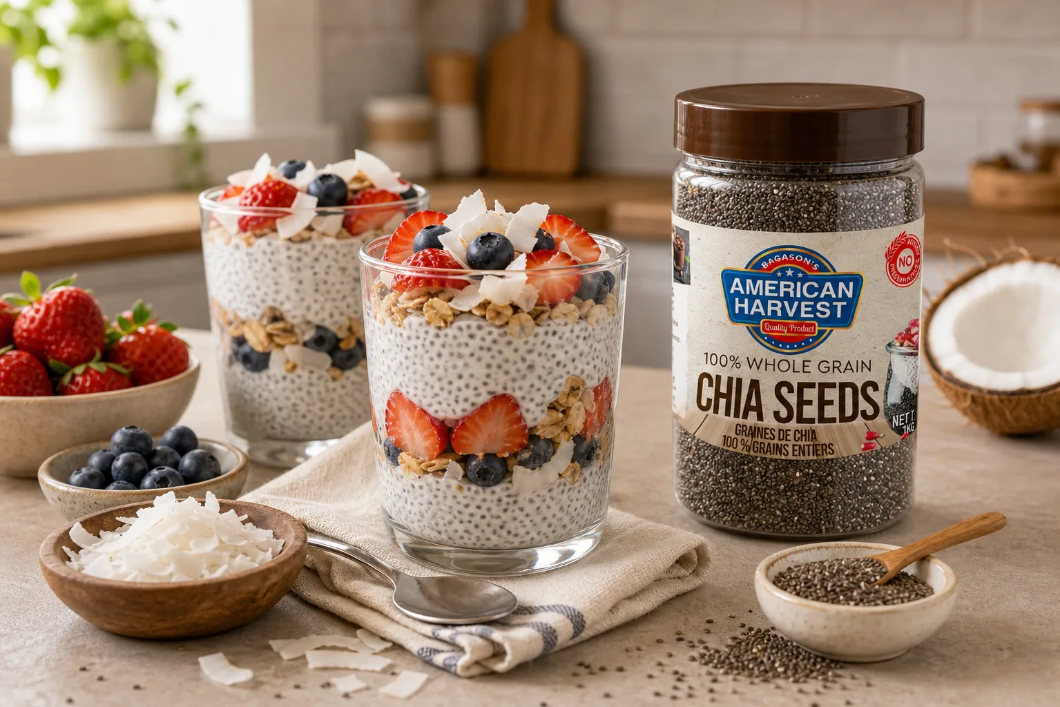 American Harvest pantry ingredients scene for Coconut Chia Breakfast Parfait