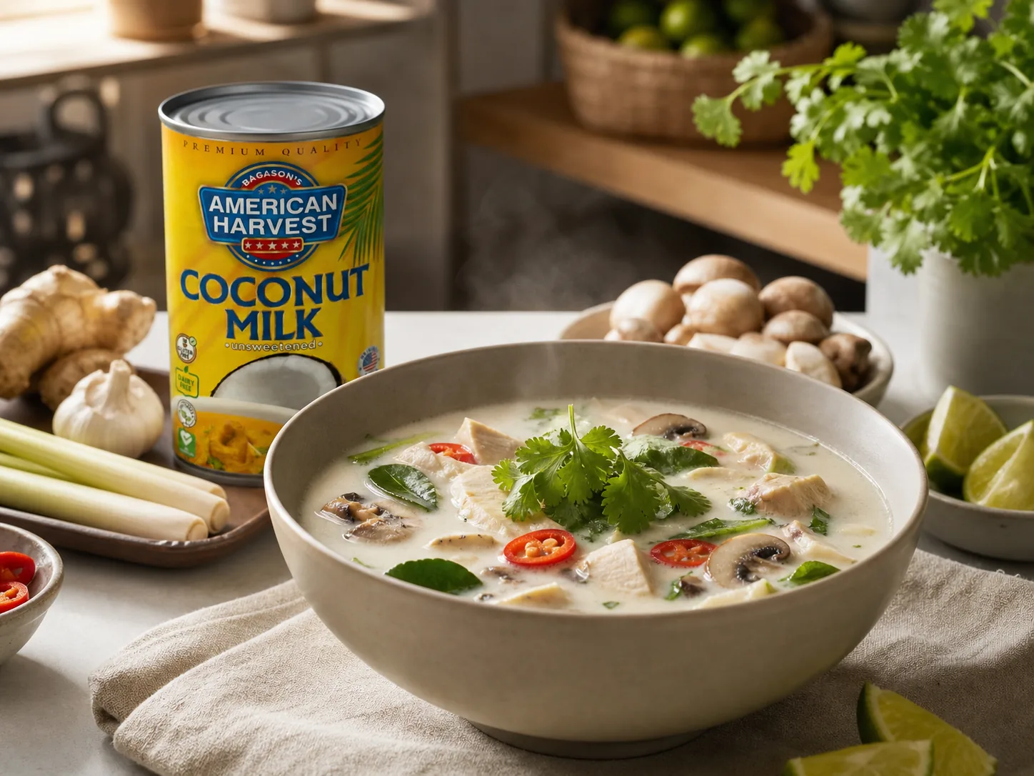 American Harvest coconut milk scene for Thai Coconut Soup with American Harvest coconut milk