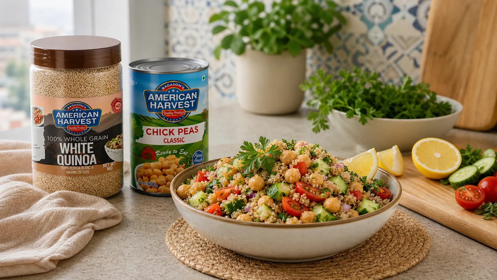 American Harvest white quinoa and chick peas with a protein-packed quinoa chickpea bowl