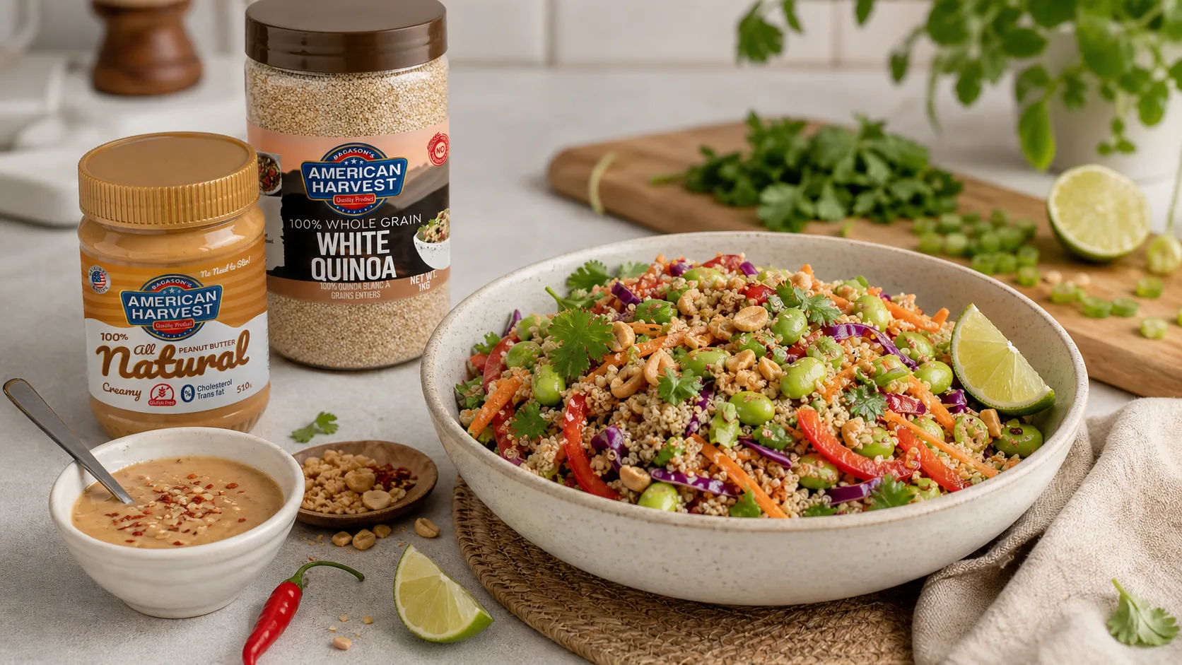 American Harvest white quinoa and peanut butter beside a spicy peanut quinoa salad