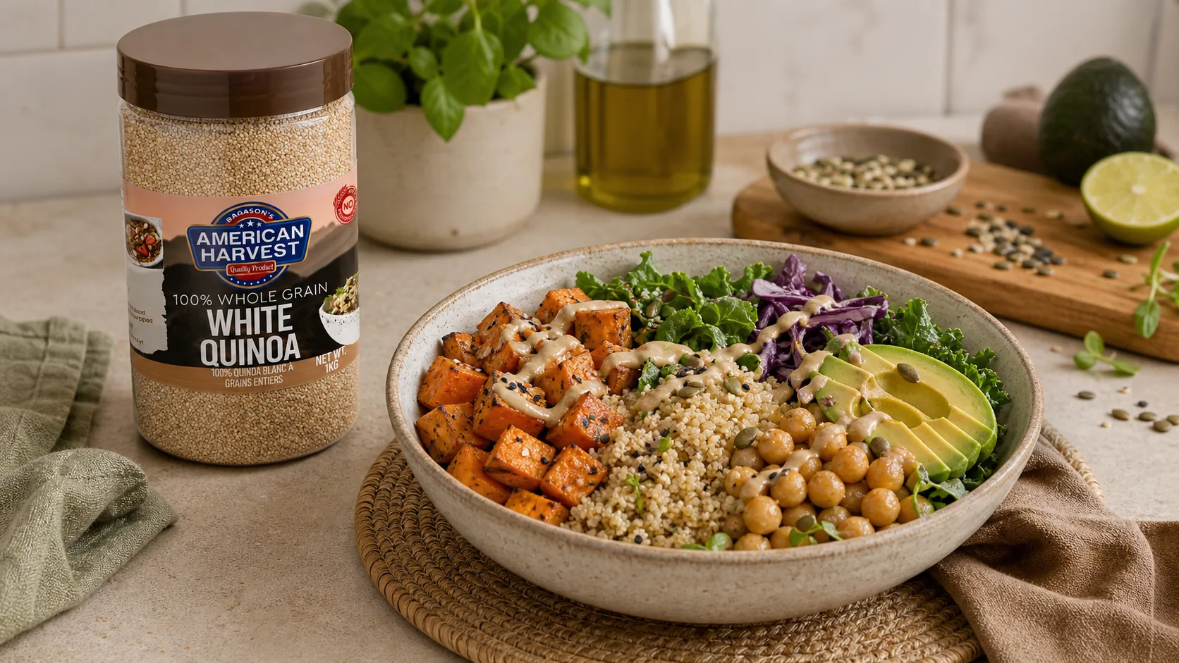 American Harvest white quinoa with roasted sweet potato quinoa buddha bowl