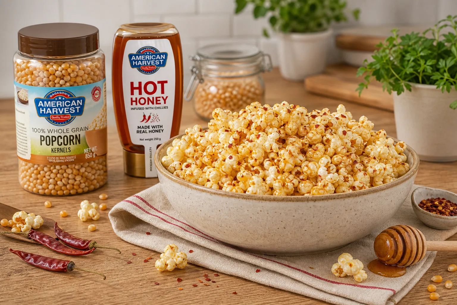 American Harvest hot honey and popcorn kernels with sweet and spicy hot honey popcorn