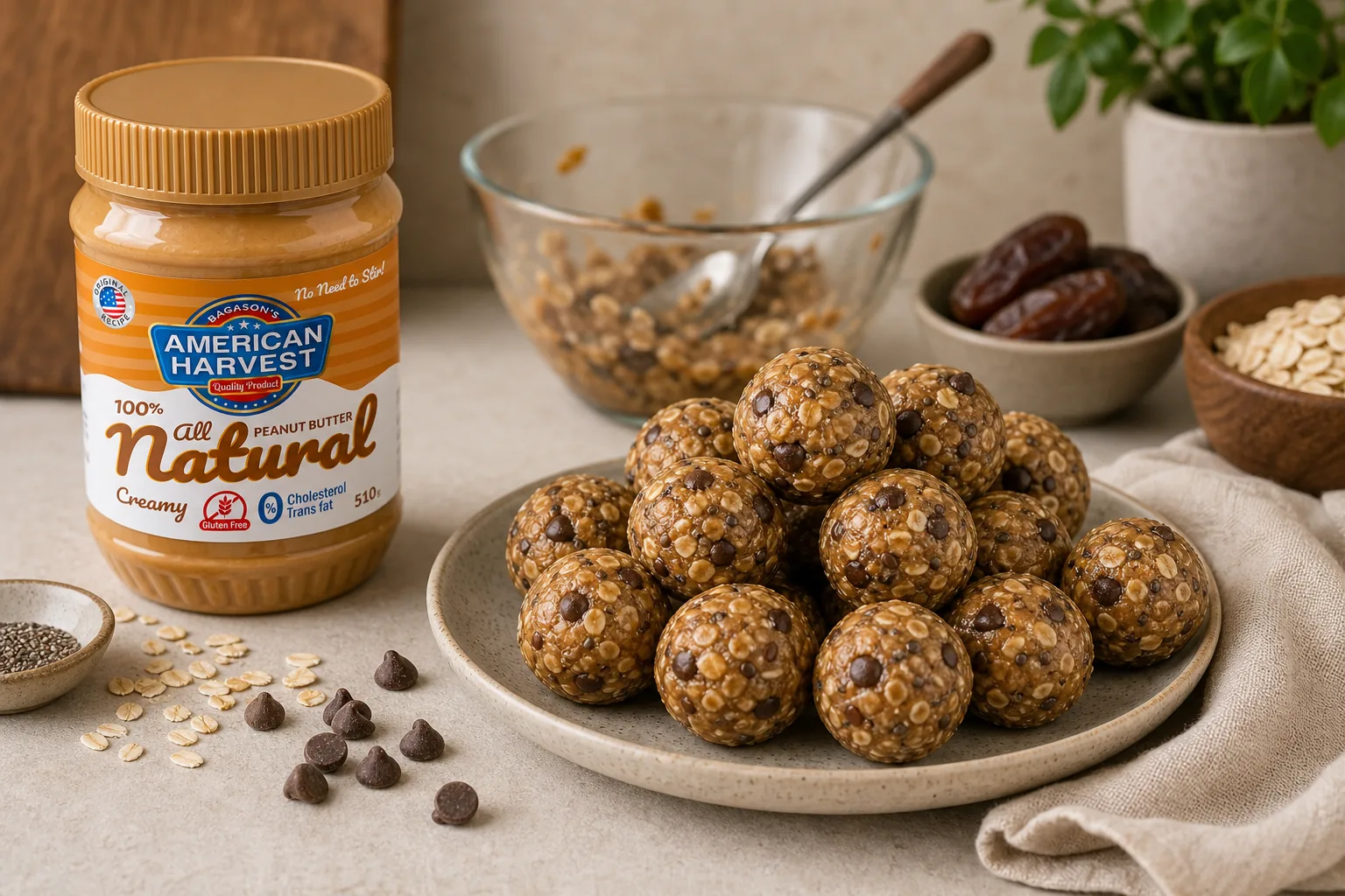 American Harvest peanut butter beside homemade peanut butter energy bites