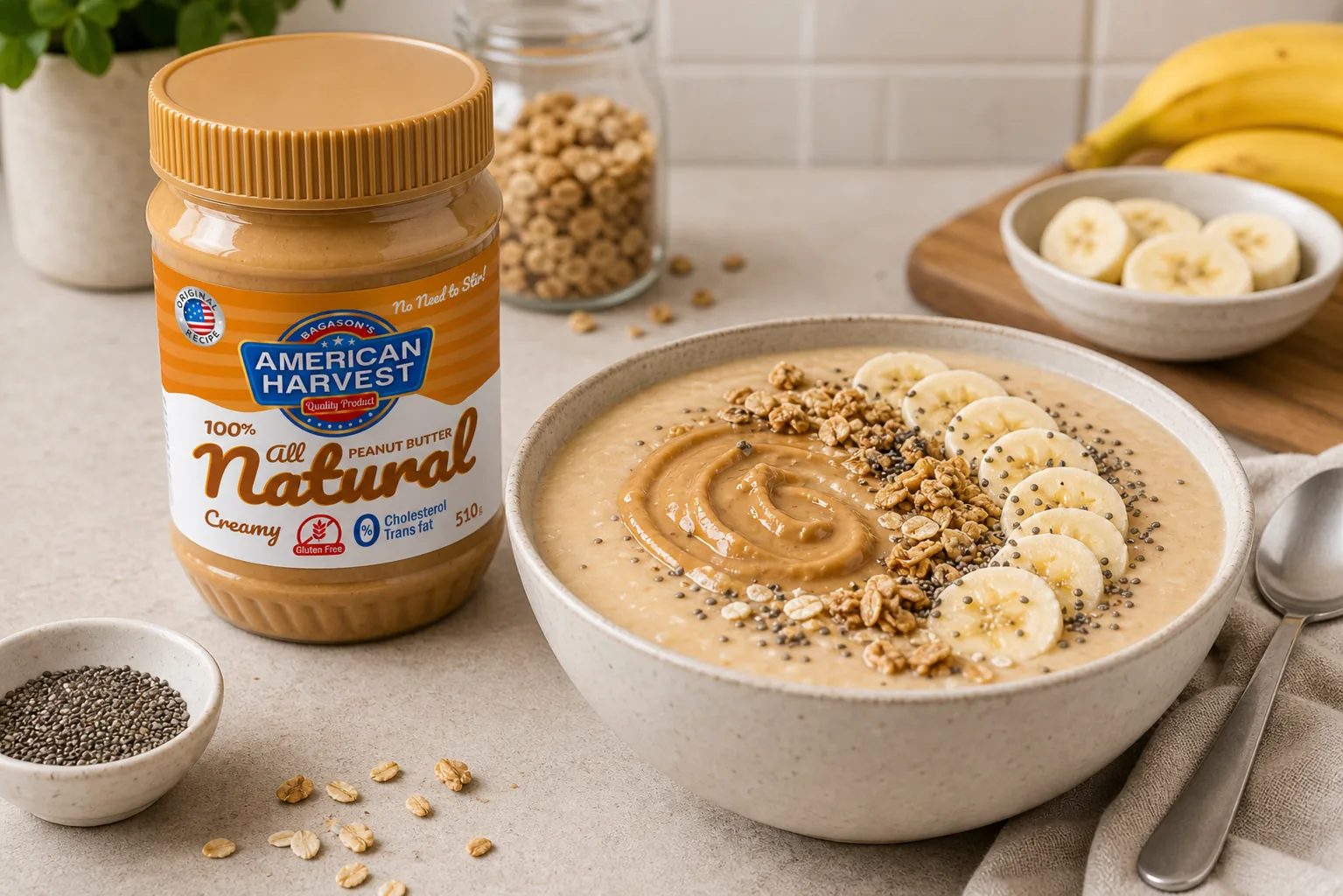 American Harvest peanut butter with easy peanut butter banana smoothie bowl