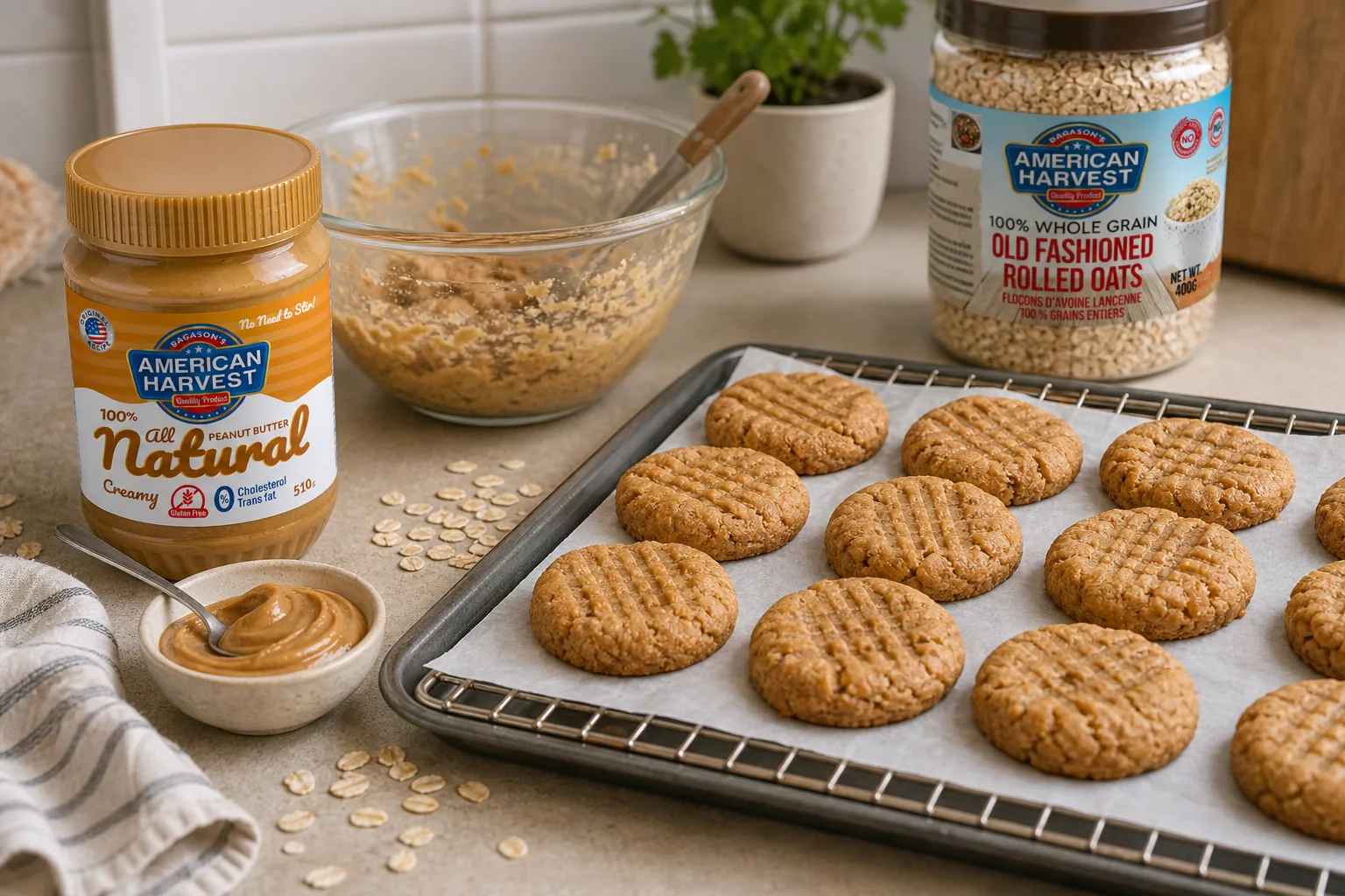 American Harvest peanut butter and rolled oats with homemade peanut butter cookies without flour