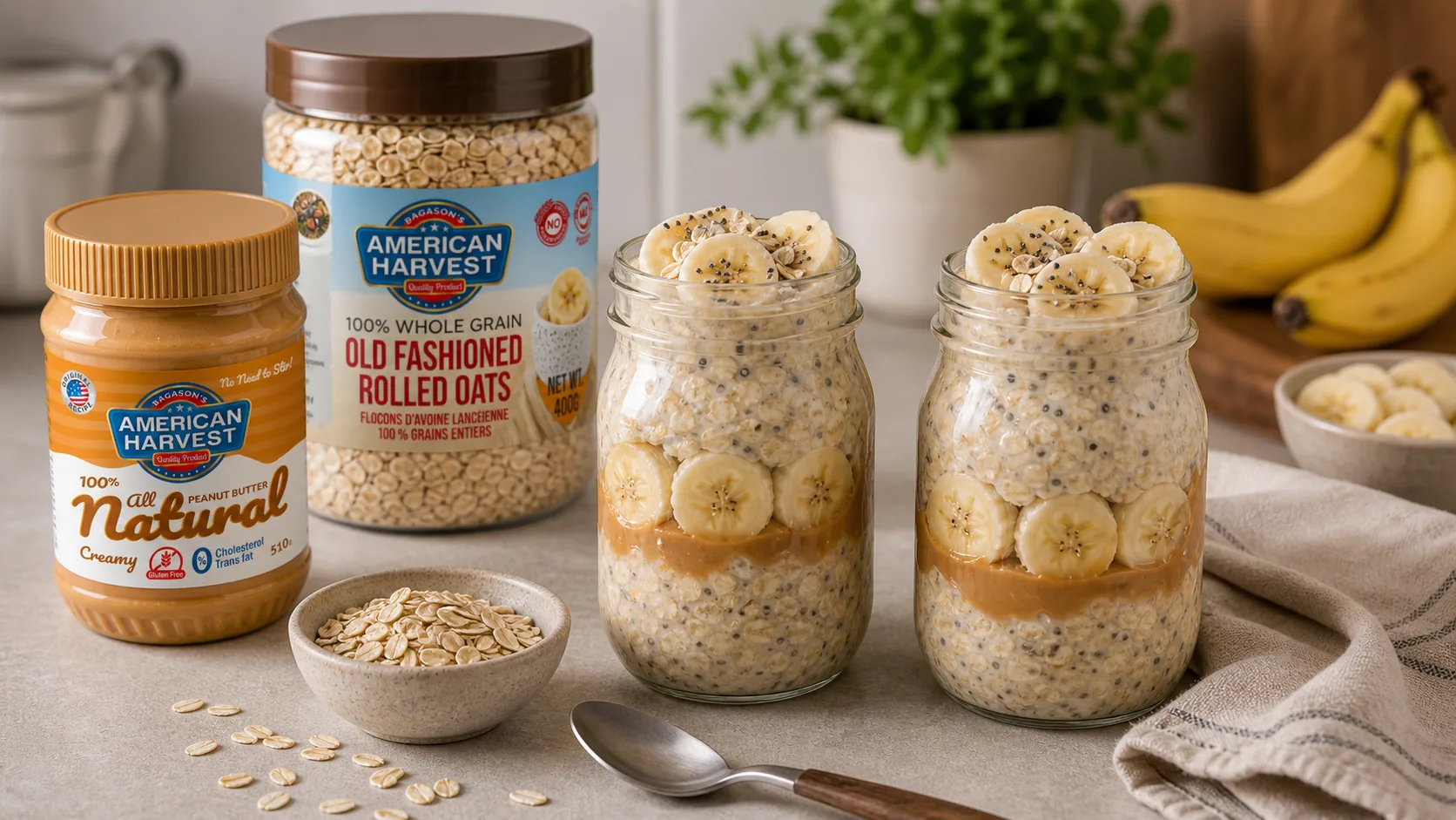American Harvest peanut butter and rolled oats with creamy peanut butter overnight oats
