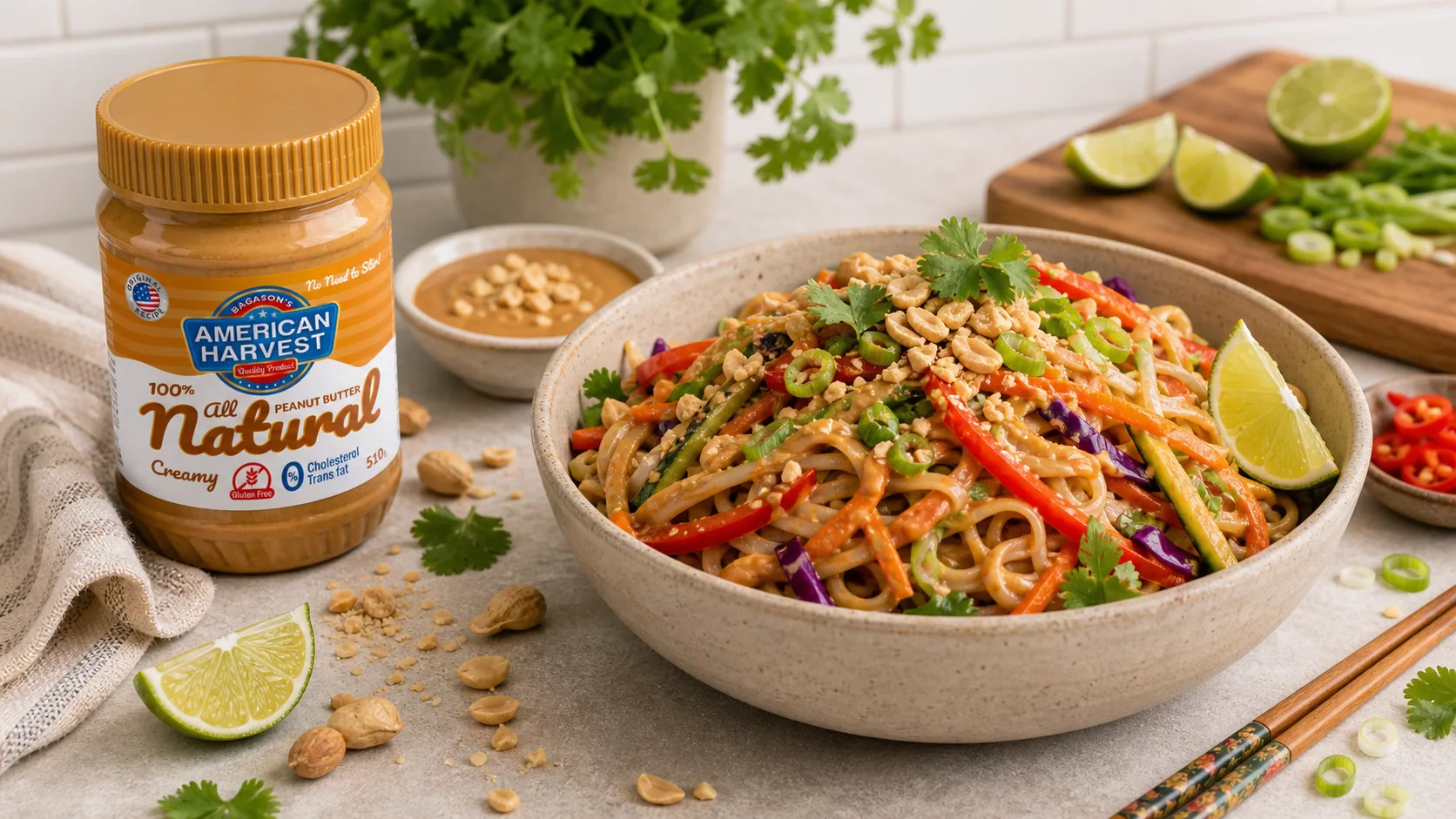 American Harvest peanut butter beside a Thai peanut sauce noodle bowl