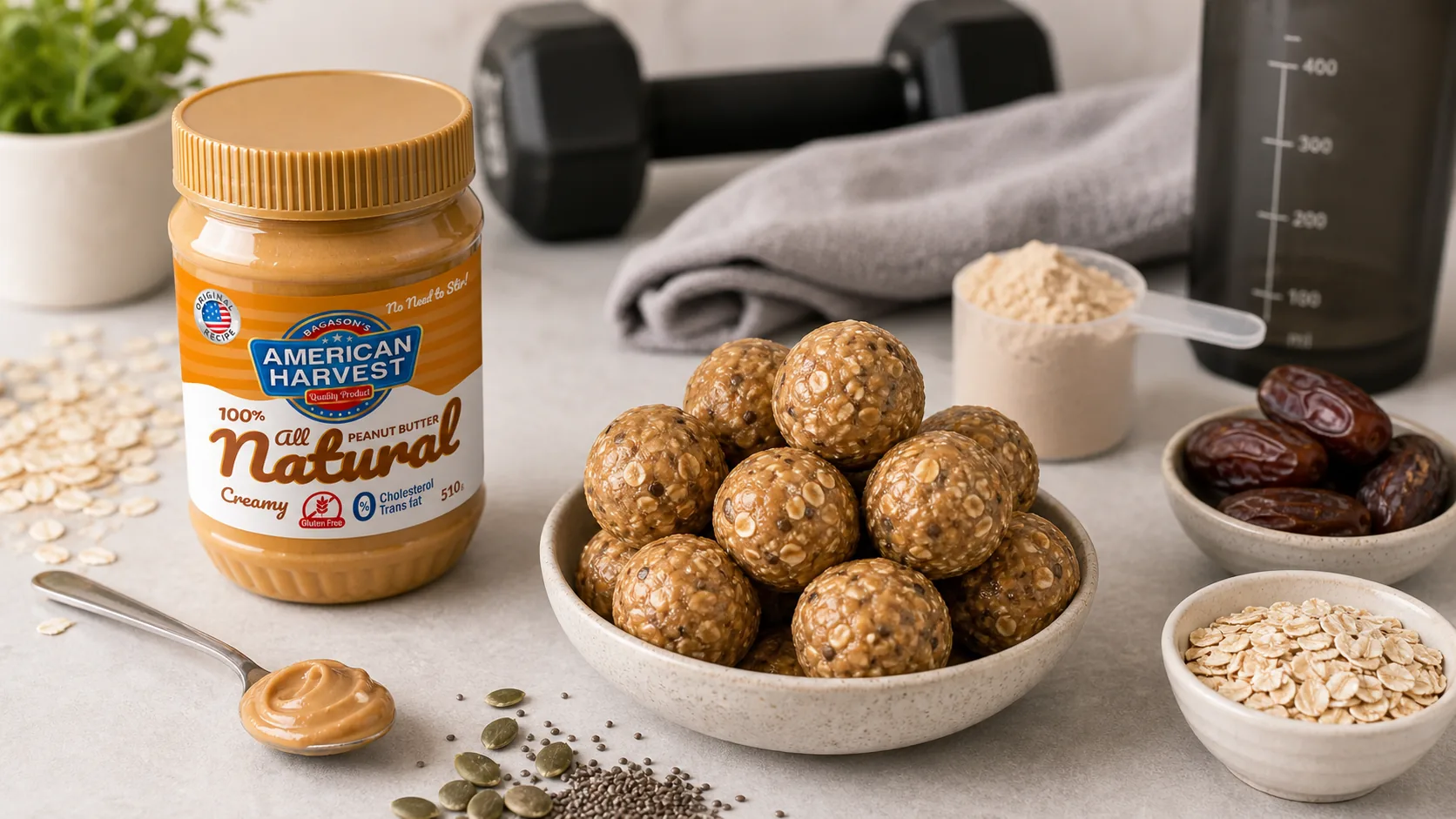 American Harvest peanut butter with peanut butter protein energy balls
