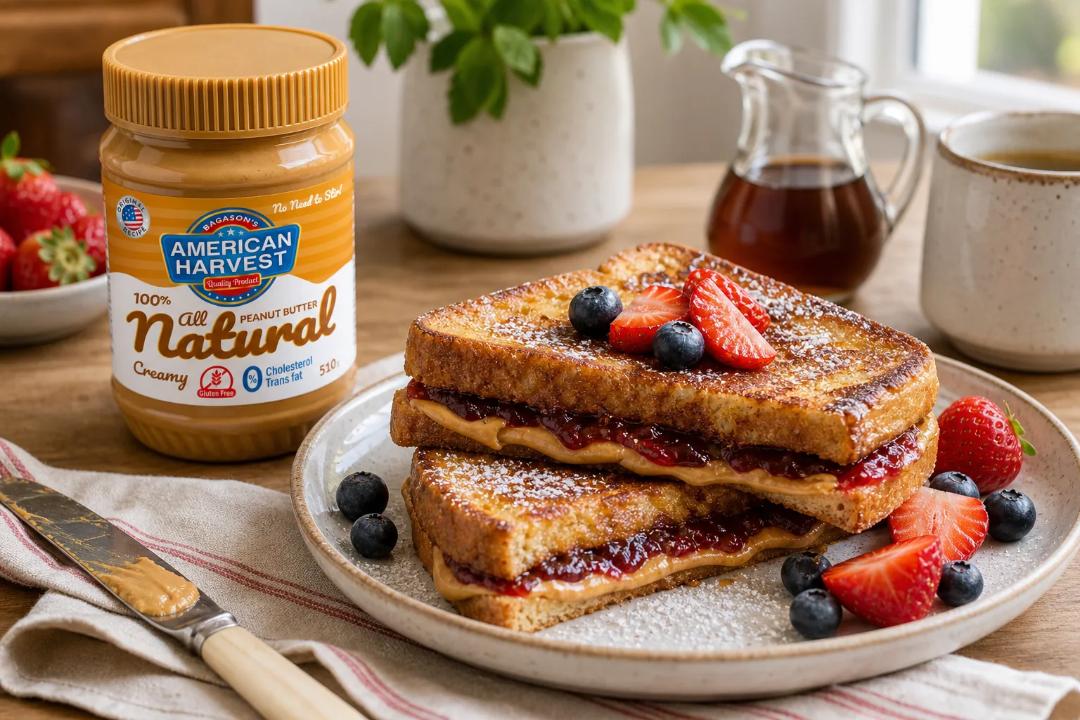American Harvest peanut butter with classic peanut butter and jelly French toast