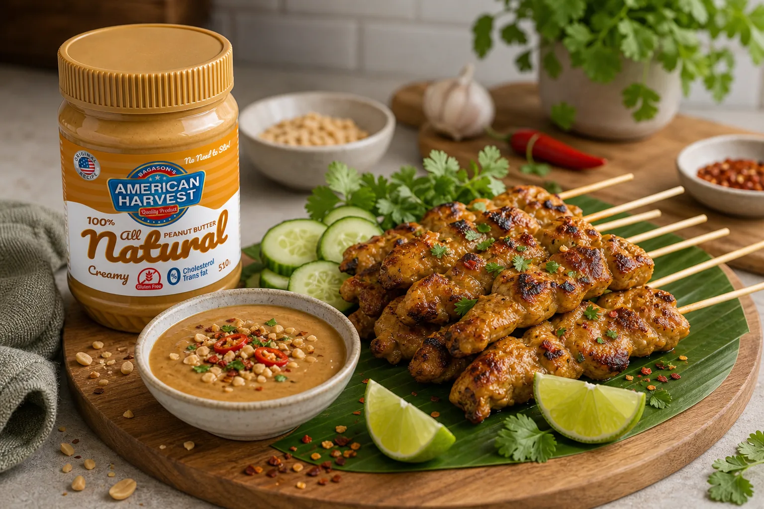 American Harvest peanut butter beside spicy peanut butter chicken satay skewers