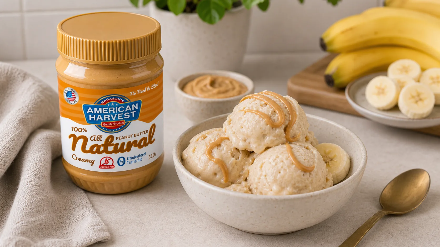 American Harvest peanut butter with two-ingredient peanut butter banana ice cream