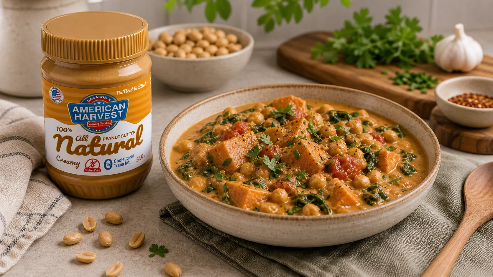 American Harvest peanut butter beside African-inspired peanut butter stew