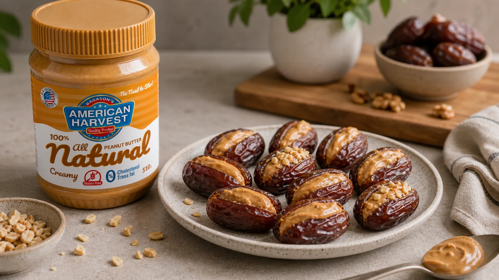 American Harvest peanut butter with three-ingredient peanut butter stuffed dates