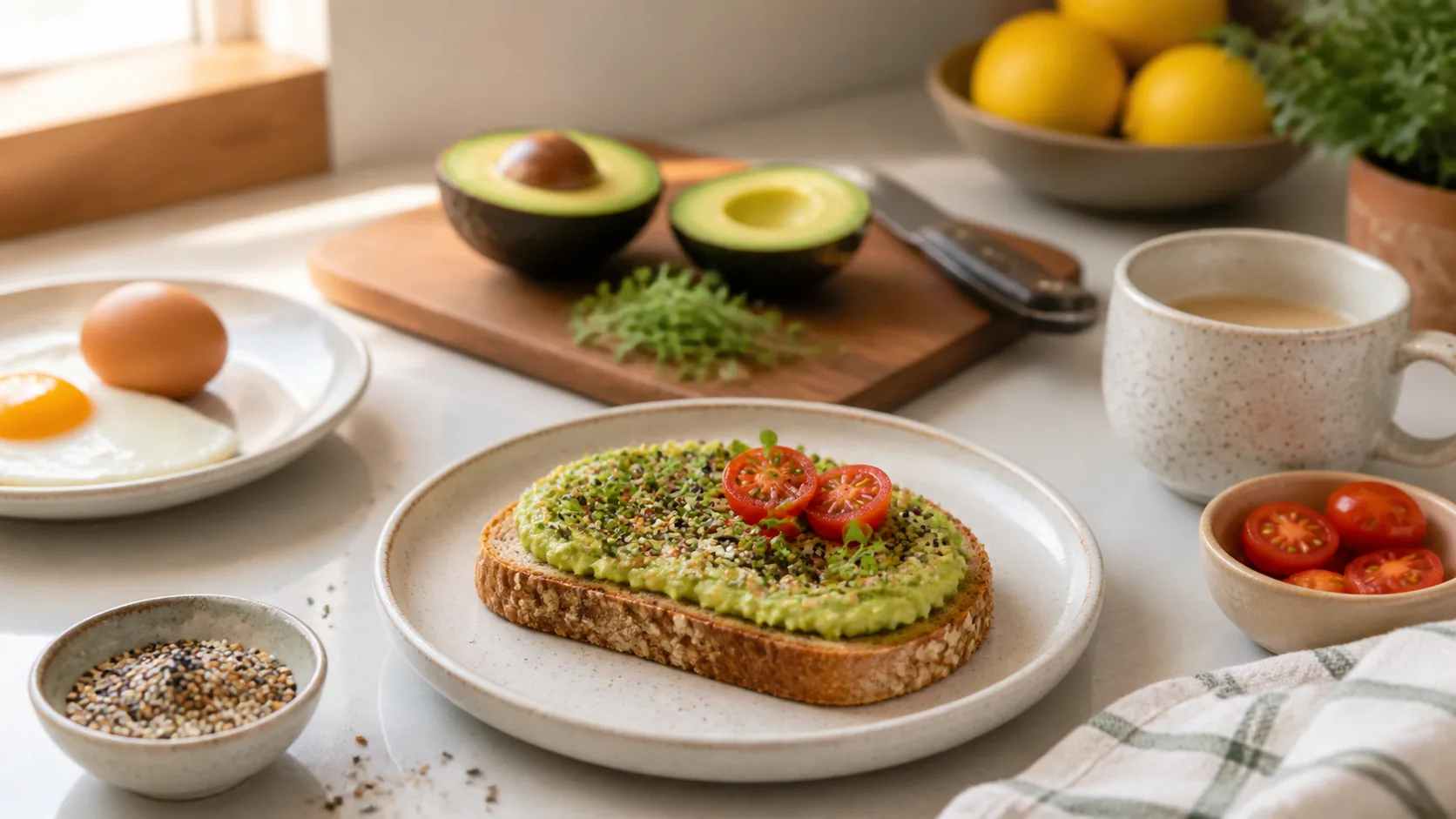 American Harvest pantry ingredients scene for Avocado Toast with Everything Bagel Seasoning