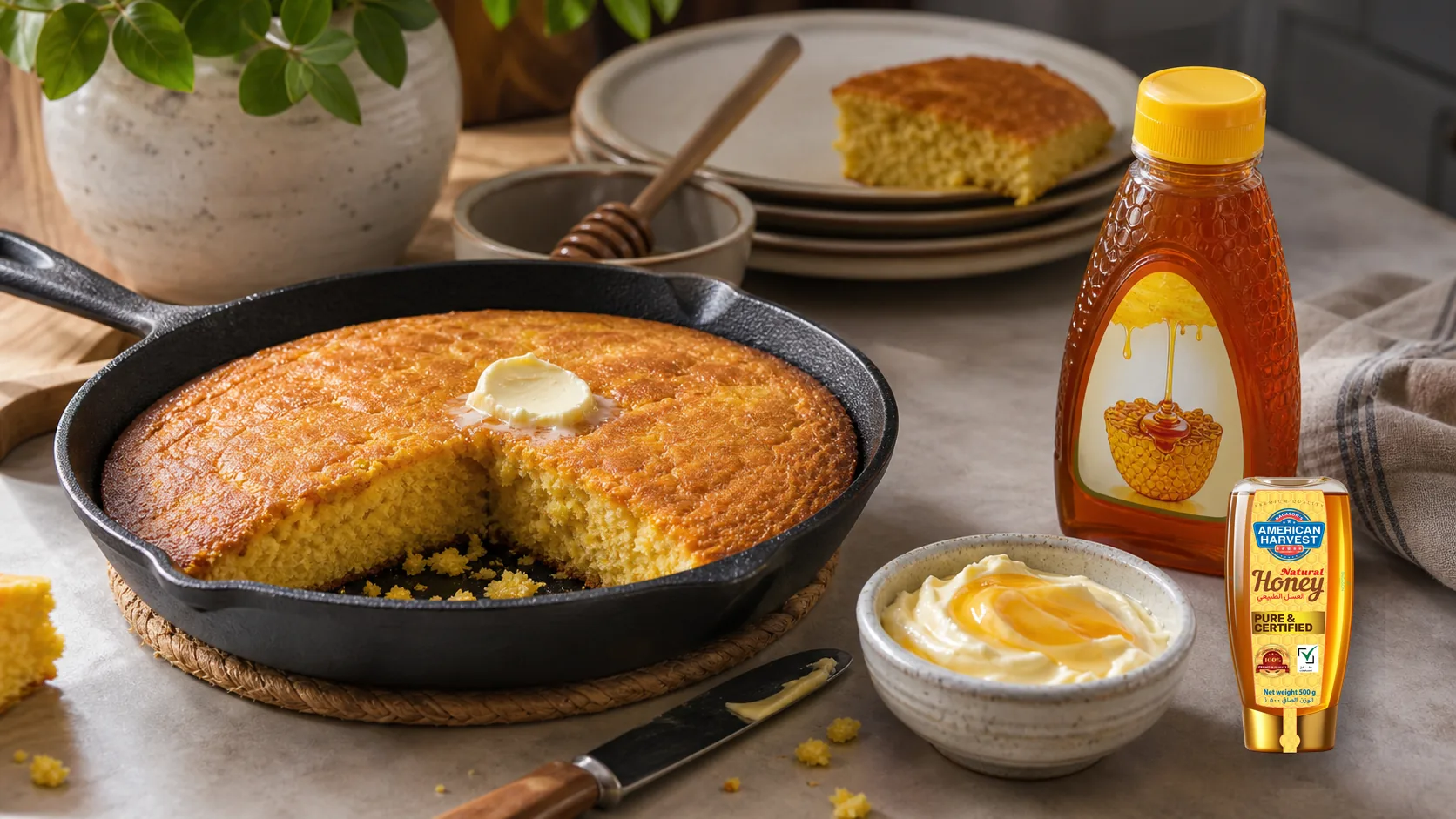 American Harvest honey scene for Honey Butter Cornbread (Cast Iron Skillet)