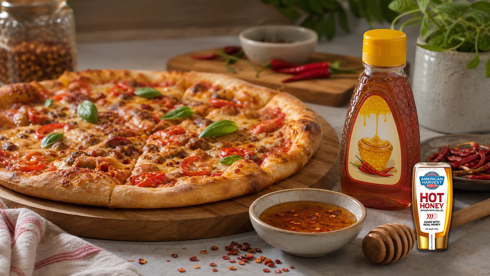 American Harvest hot honey scene for Hot Honey Drizzle for Pizza Night