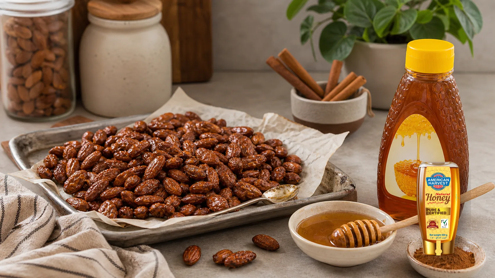 American Harvest honey scene for Honey Cinnamon Roasted Almonds