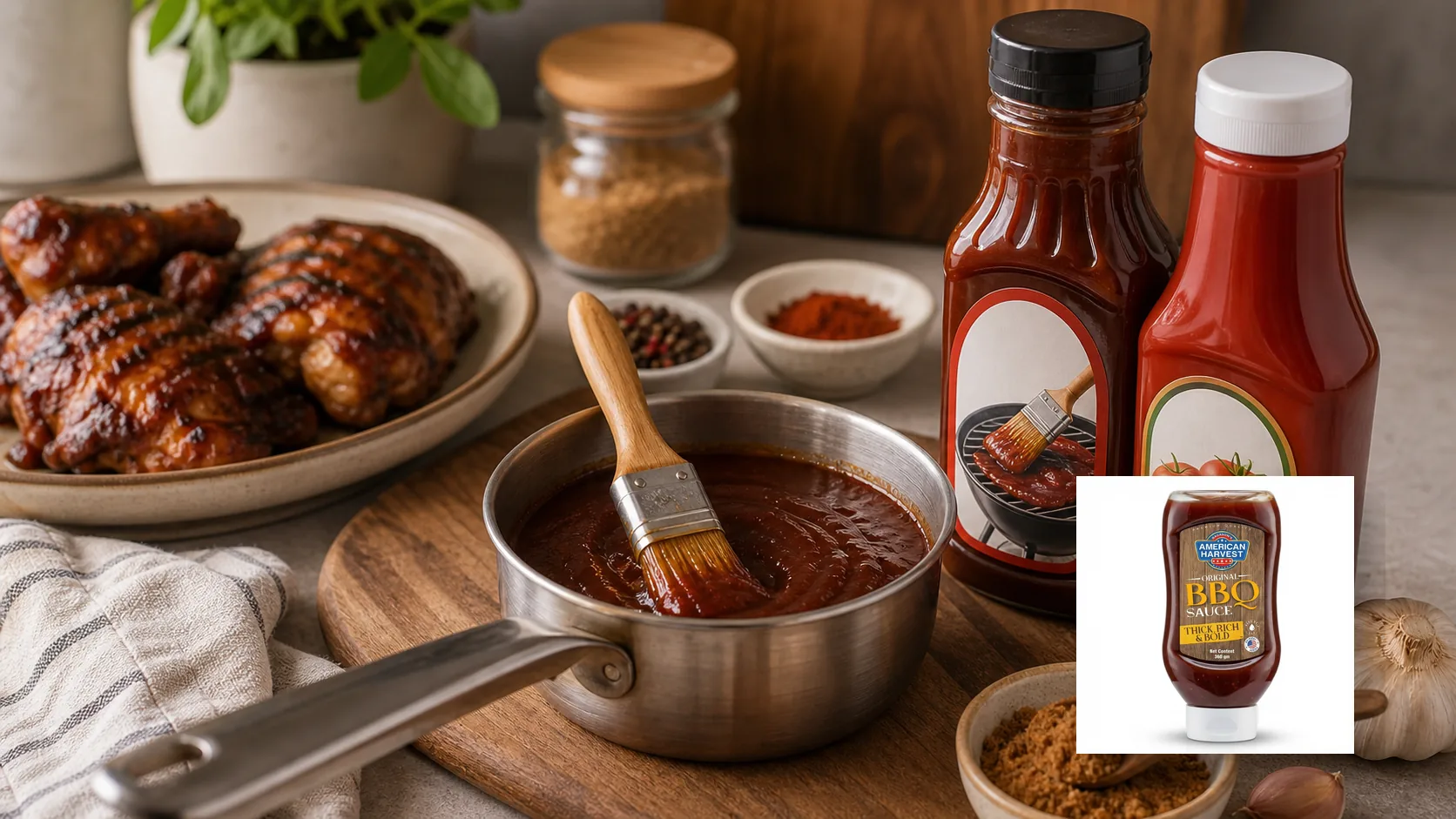 American Harvest sauces and dressings scene for Easy Homemade BBQ Sauce (Pantry Staples)