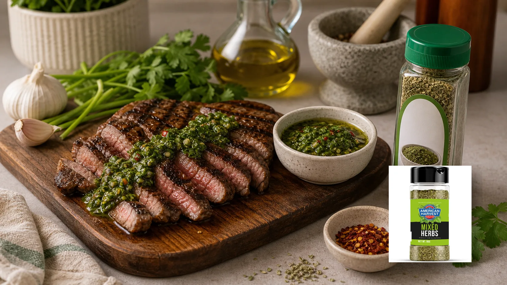 American Harvest sauces and dressings scene for Tangy Chimichurri Sauce for Grilled Steak