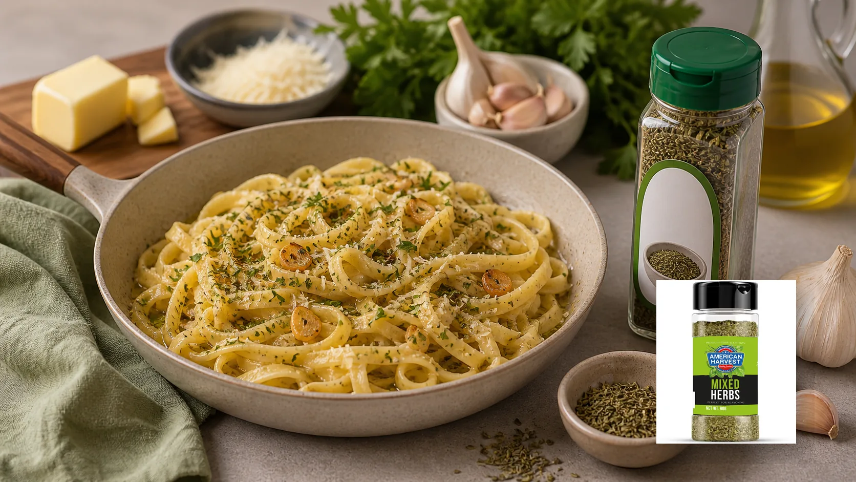 American Harvest sauces and dressings scene for Garlic Butter Pasta Sauce (15 Minutes)