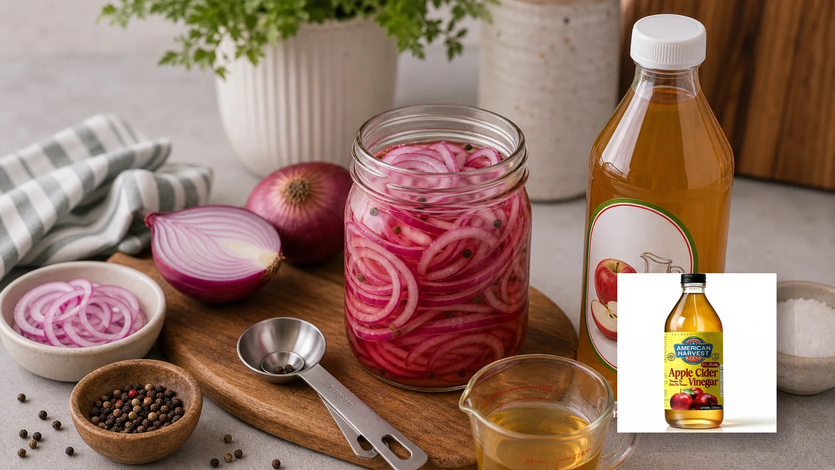 American Harvest pantry ingredients scene for Homemade Pickled Red Onions (Quick Method)