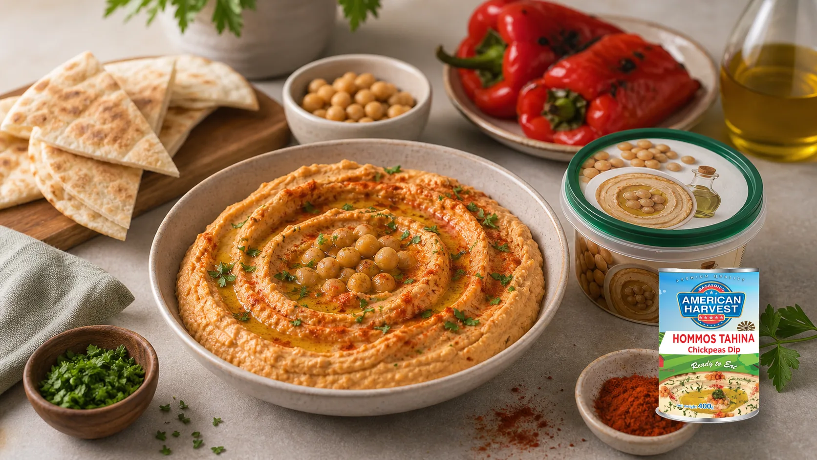 American Harvest canned beans scene for Roasted Red Pepper Hummus