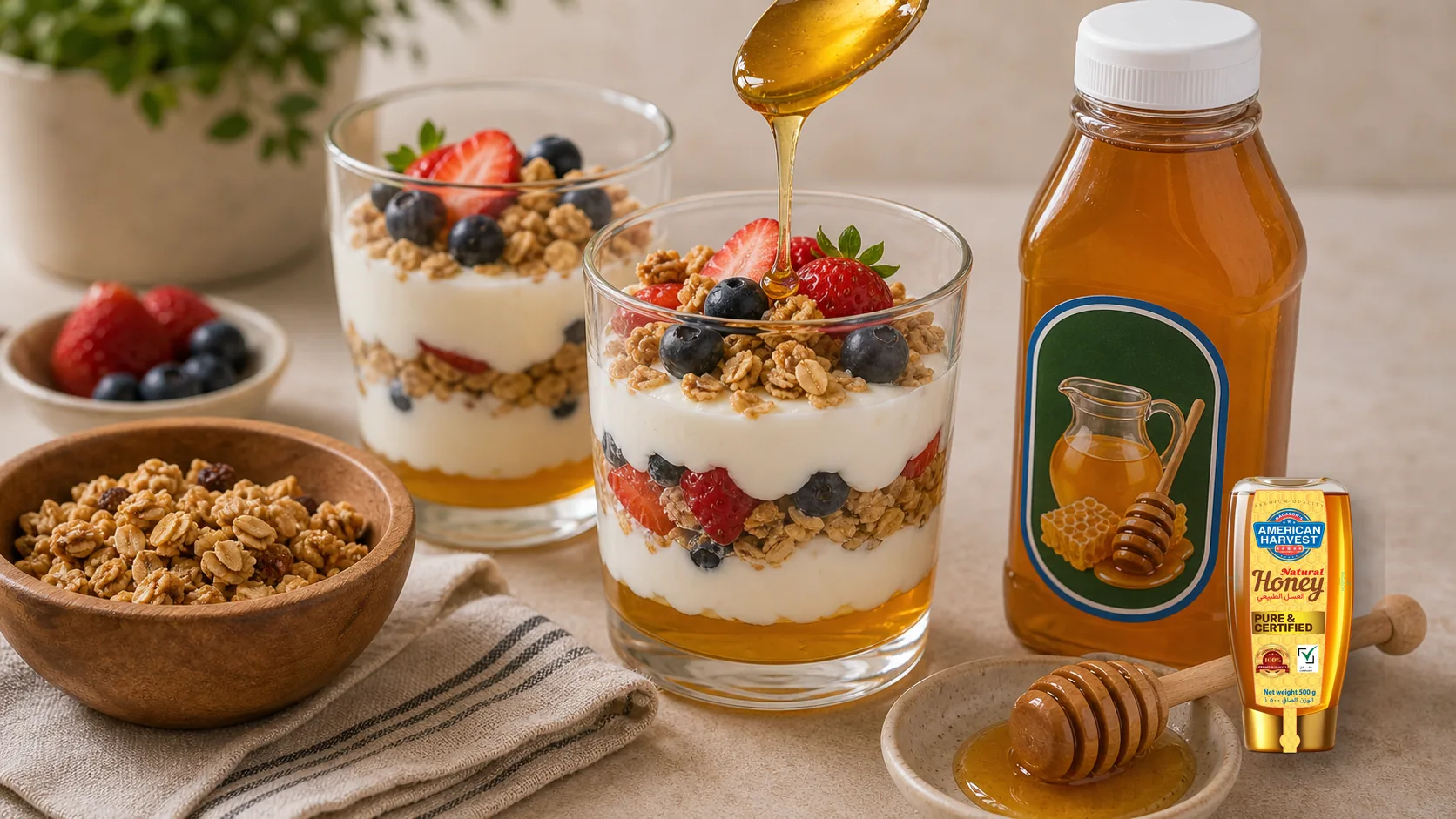 American Harvest honey scene for Greek Yogurt Parfait with Honey and Granola