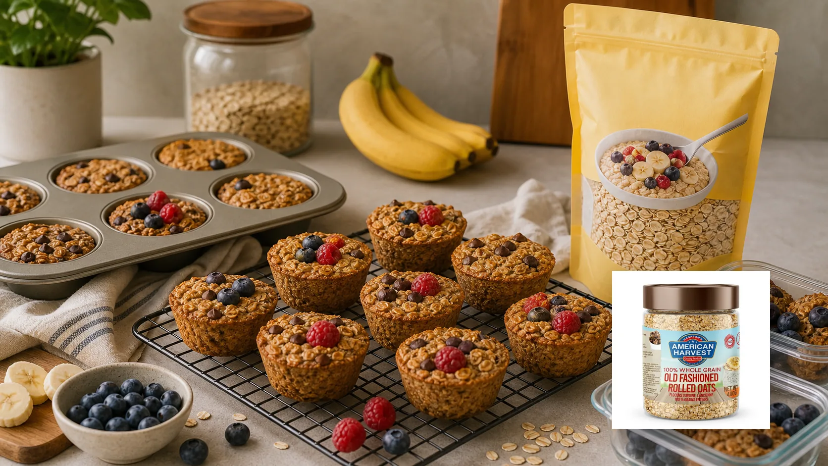 American Harvest oats scene for Baked Oatmeal Cups for Meal Prep