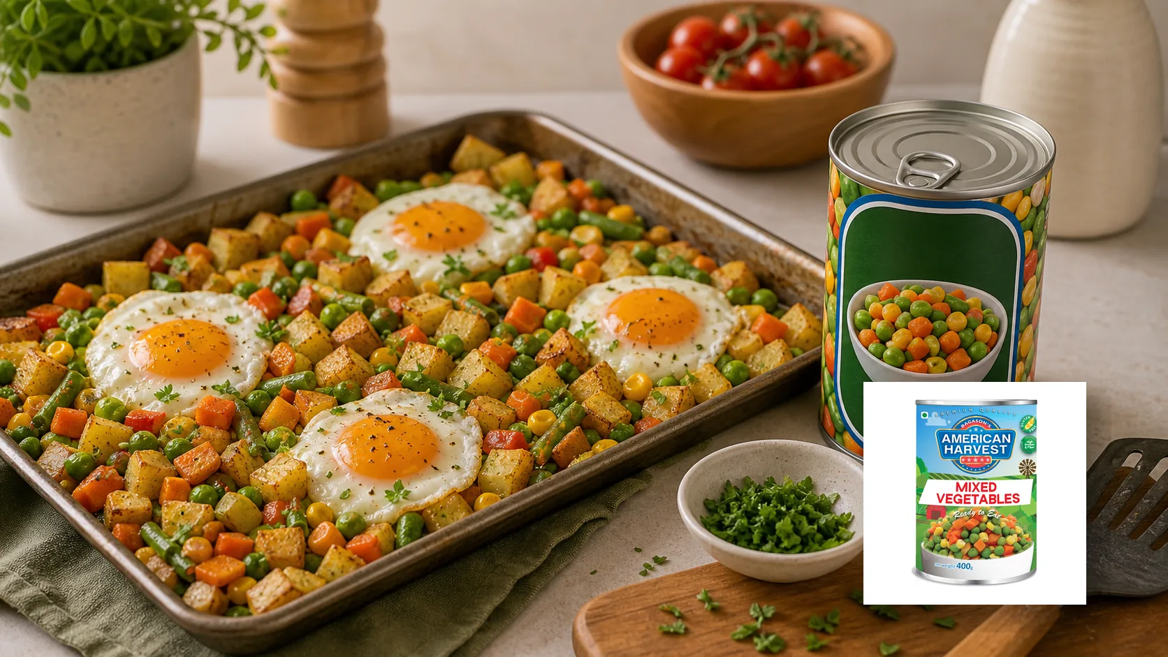 American Harvest pantry ingredients scene for Sheet Pan Veggie Breakfast Hash